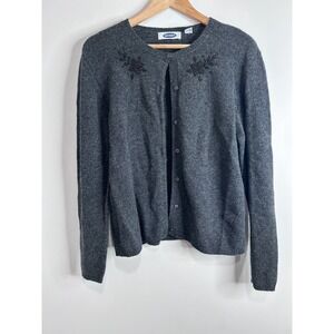 Old Navy Womens Charcoal Gray 100% Lambswool Beaded Floral Cardigan Sweater L